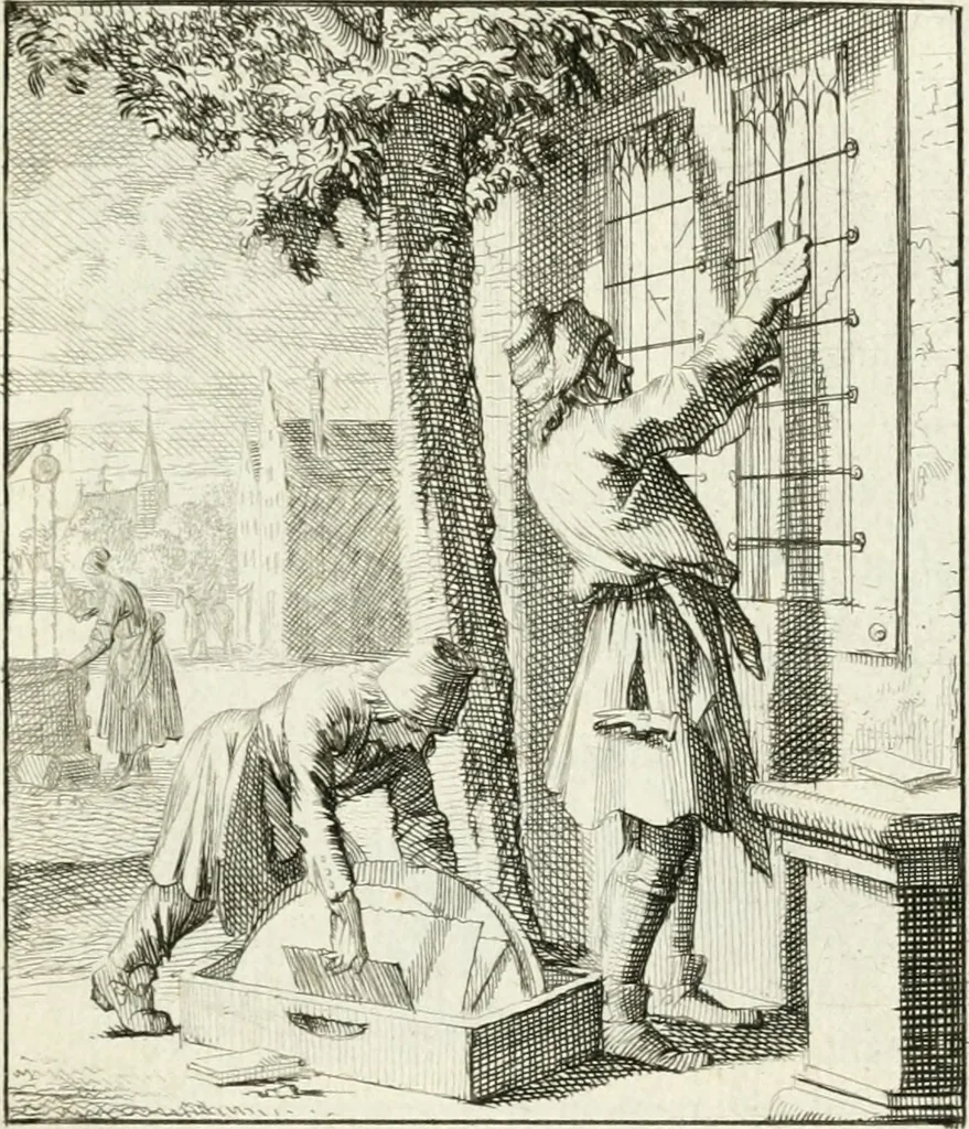 An illustration from Spiegel van 't menschelyk bedryf : vertonende hondert-verscheyde ambagten zeer konstig afgebeeld en met zeer zinryke spreuken en stigtelyke versen verrykt, 1694, leaf 18