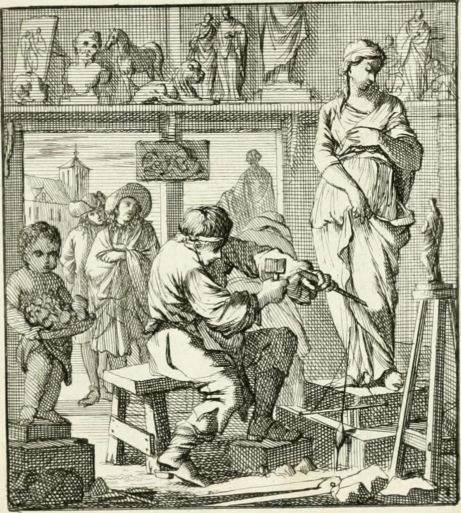 An illustration from Spiegel van 't menschelyk bedryf : vertonende hondert-verscheyde ambagten zeer konstig afgebeeld en met zeer zinryke spreuken en stigtelyke versen verrykt, 1694, leaf 180