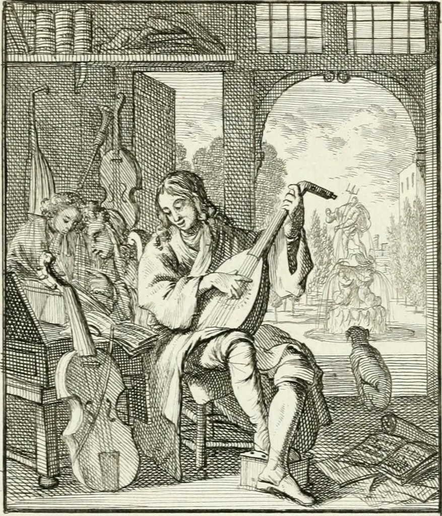 An illustration from Spiegel van 't menschelyk bedryf : vertonende hondert-verscheyde ambagten zeer konstig afgebeeld en met zeer zinryke spreuken en stigtelyke versen verrykt, 1694, leaf 182