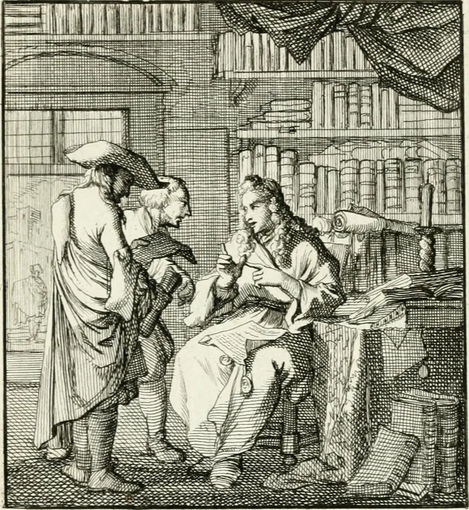 An illustration from Spiegel van 't menschelyk bedryf : vertonende hondert-verscheyde ambagten zeer konstig afgebeeld en met zeer zinryke spreuken en stigtelyke versen verrykt, 1694, leaf 186