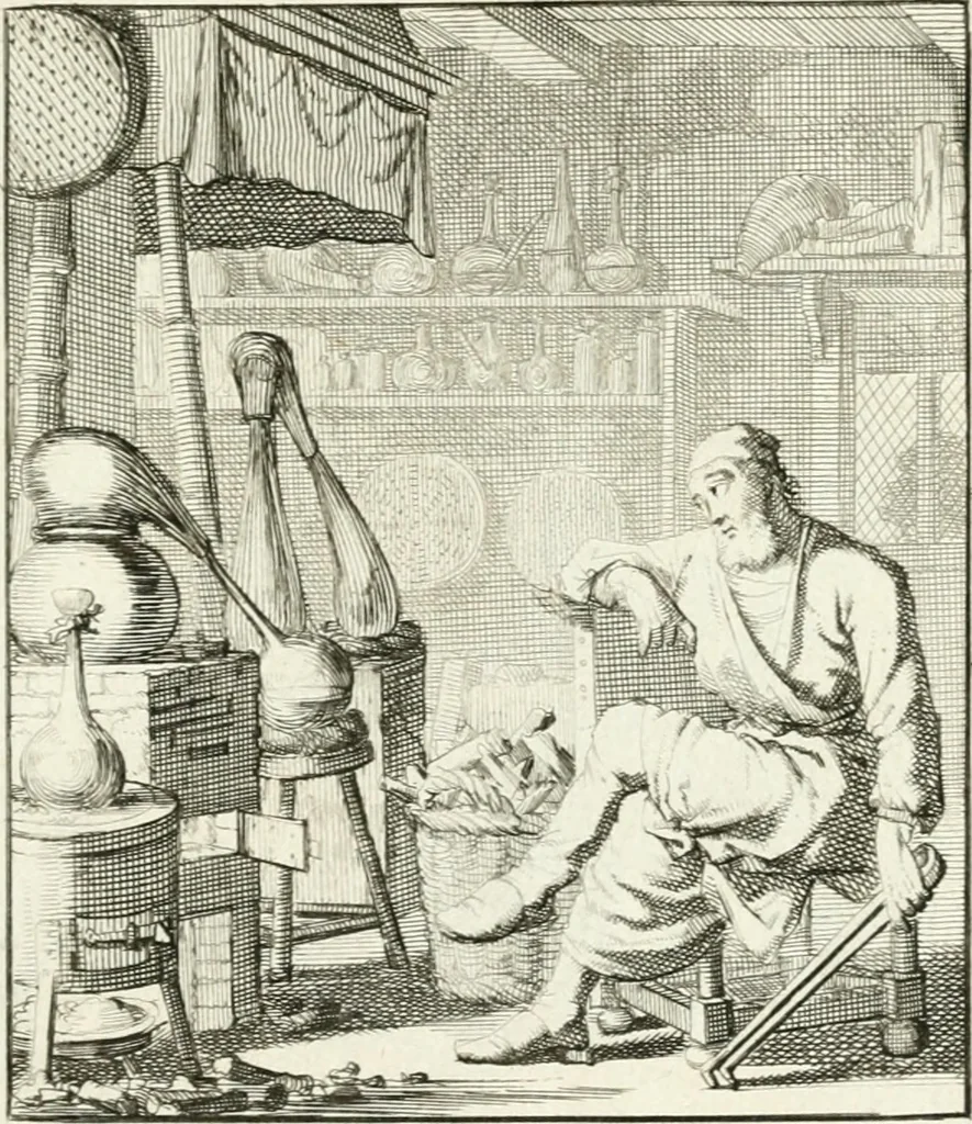 An illustration from Spiegel van 't menschelyk bedryf : vertonende hondert-verscheyde ambagten zeer konstig afgebeeld en met zeer zinryke spreuken en stigtelyke versen verrykt, 1694, leaf 188