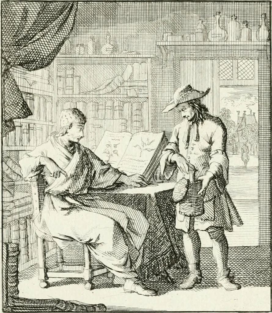 An illustration from Spiegel van 't menschelyk bedryf : vertonende hondert-verscheyde ambagten zeer konstig afgebeeld en met zeer zinryke spreuken en stigtelyke versen verrykt, 1694, leaf 190