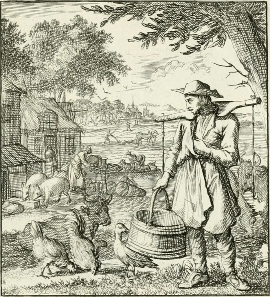 An illustration from Spiegel van 't menschelyk bedryf : vertonende hondert-verscheyde ambagten zeer konstig afgebeeld en met zeer zinryke spreuken en stigtelyke versen verrykt, 1694, leaf 194