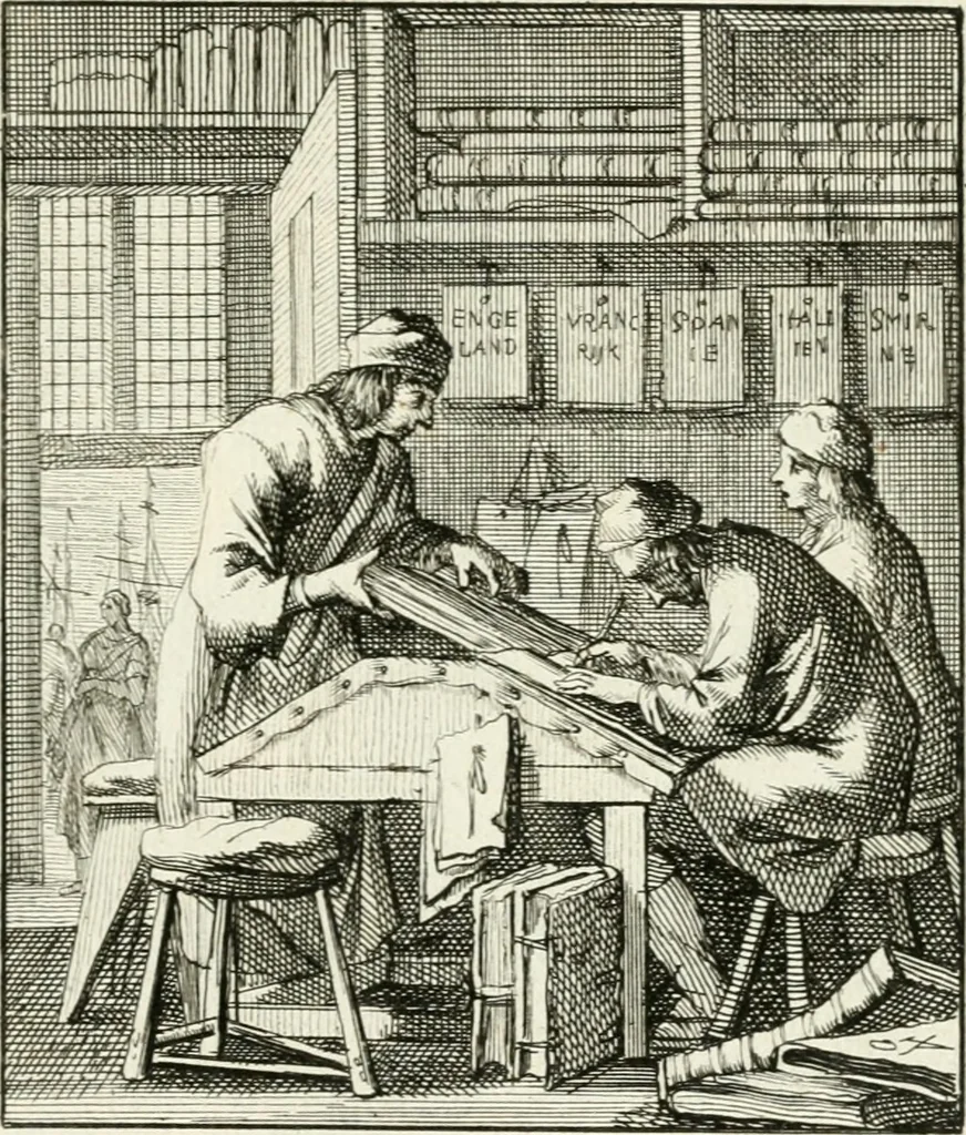 An illustration from Spiegel van 't menschelyk bedryf : vertonende hondert-verscheyde ambagten zeer konstig afgebeeld en met zeer zinryke spreuken en stigtelyke versen verrykt, 1694, leaf 202