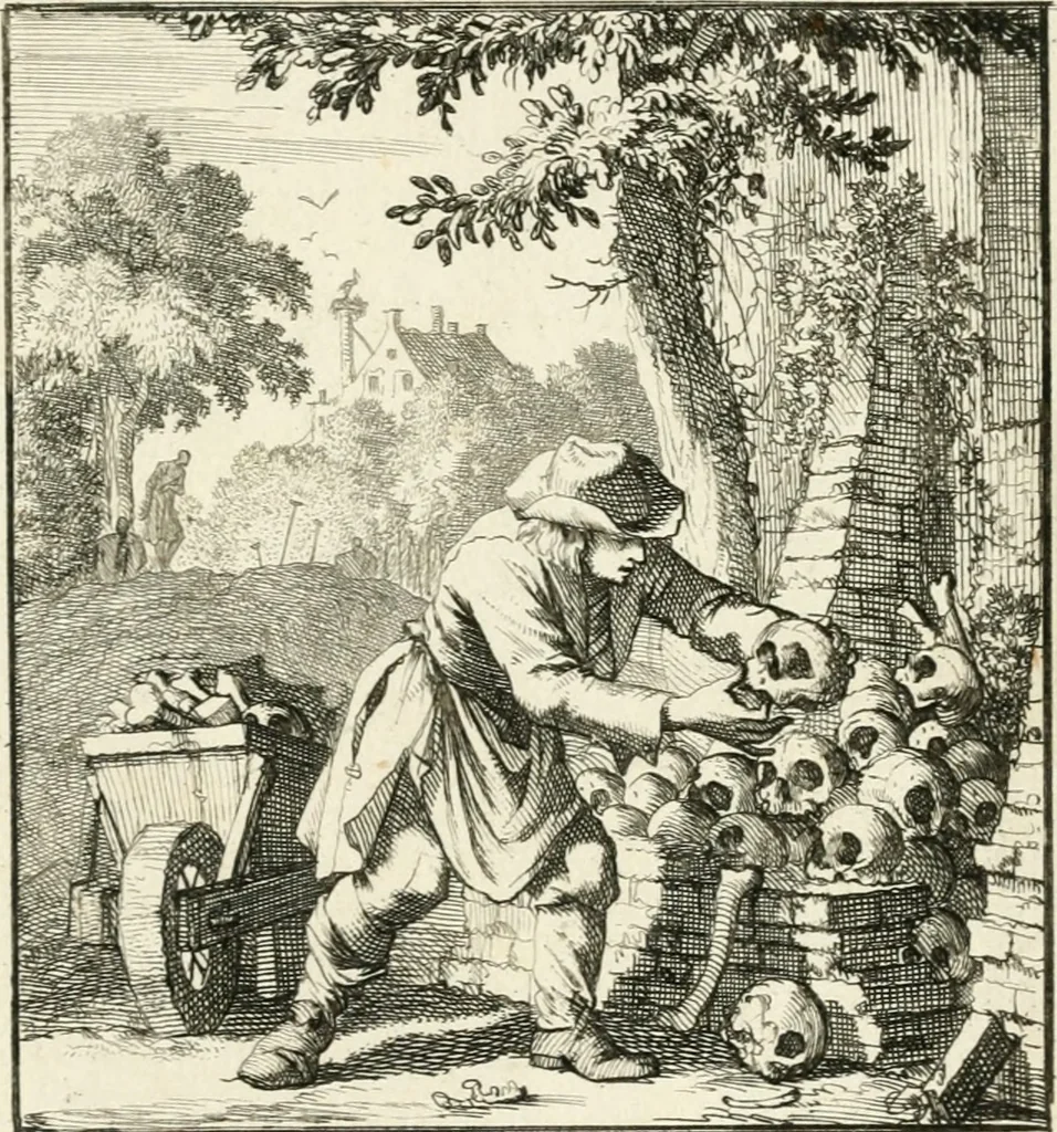 An illustration from Spiegel van 't menschelyk bedryf : vertonende hondert-verscheyde ambagten zeer konstig afgebeeld en met zeer zinryke spreuken en stigtelyke versen verrykt, 1694, leaf 208