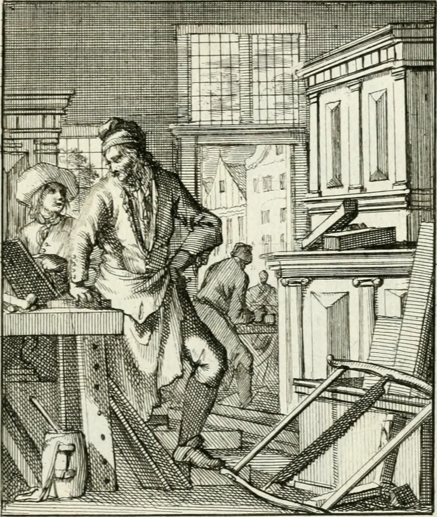 An illustration from Spiegel van 't menschelyk bedryf : vertonende hondert-verscheyde ambagten zeer konstig afgebeeld en met zeer zinryke spreuken en stigtelyke versen verrykt, 1694, leaf 22