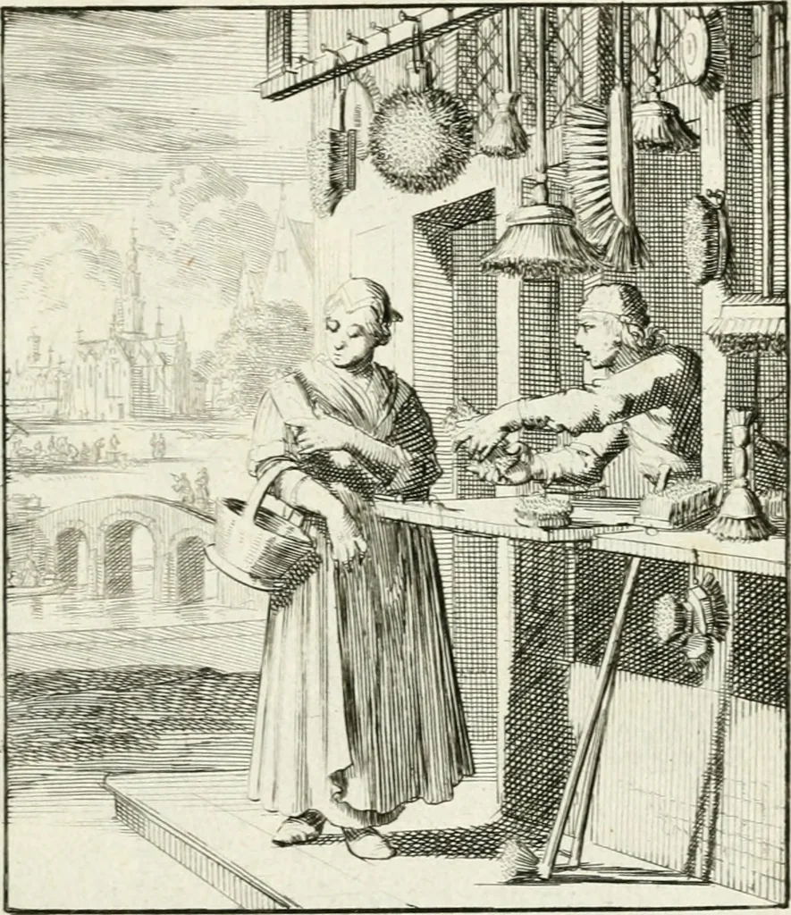 An illustration from Spiegel van 't menschelyk bedryf : vertonende hondert-verscheyde ambagten zeer konstig afgebeeld en met zeer zinryke spreuken en stigtelyke versen verrykt, 1694, leaf 24