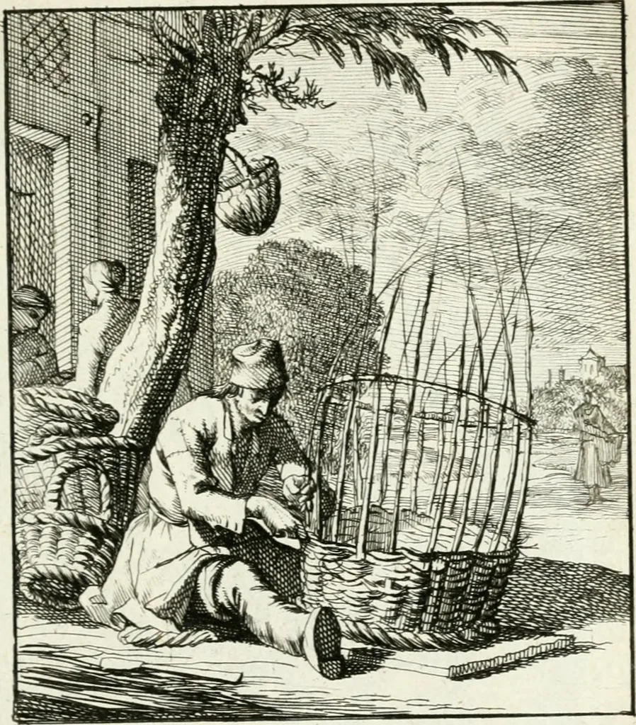 An illustration from Spiegel van 't menschelyk bedryf : vertonende hondert-verscheyde ambagten zeer konstig afgebeeld en met zeer zinryke spreuken en stigtelyke versen verrykt, 1694, leaf 28