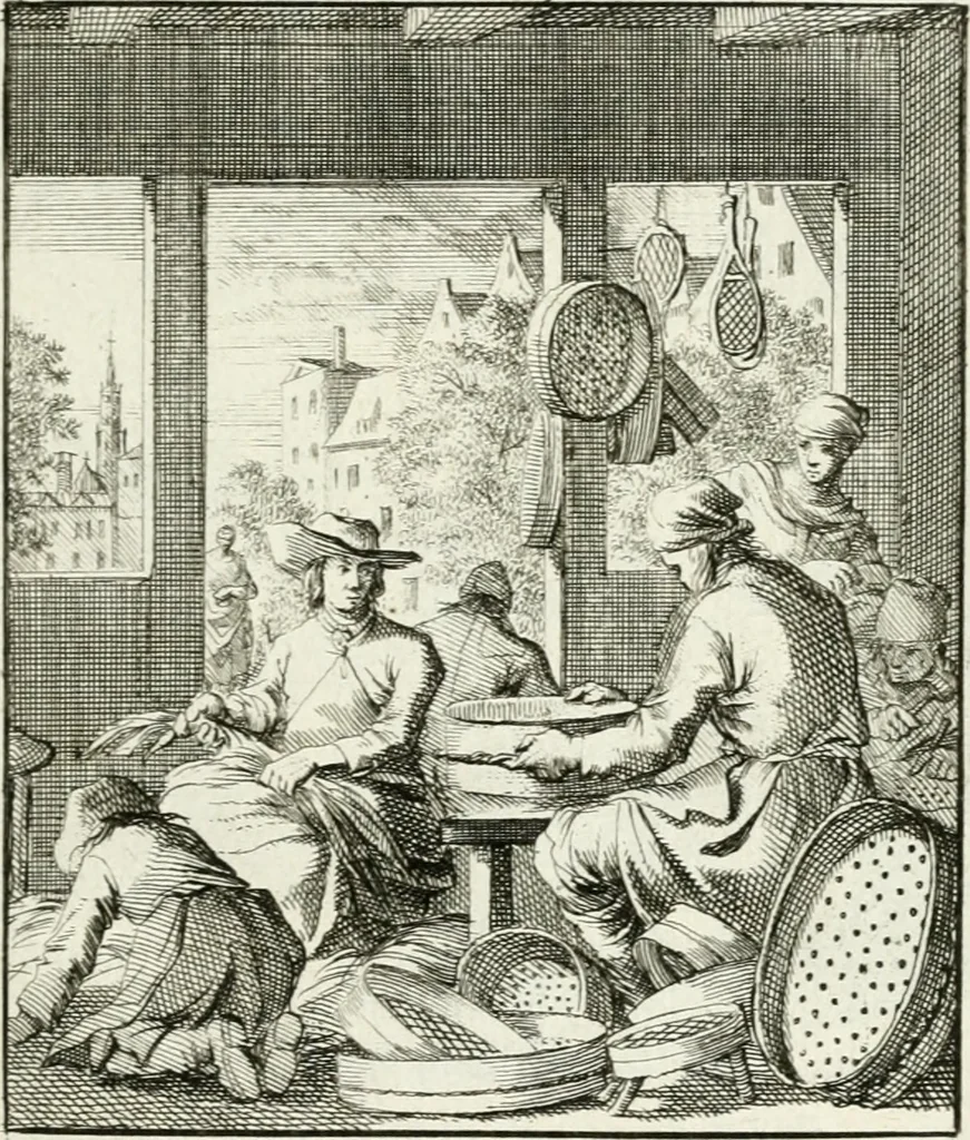 An illustration from Spiegel van 't menschelyk bedryf : vertonende hondert-verscheyde ambagten zeer konstig afgebeeld en met zeer zinryke spreuken en stigtelyke versen verrykt, 1694, leaf 30