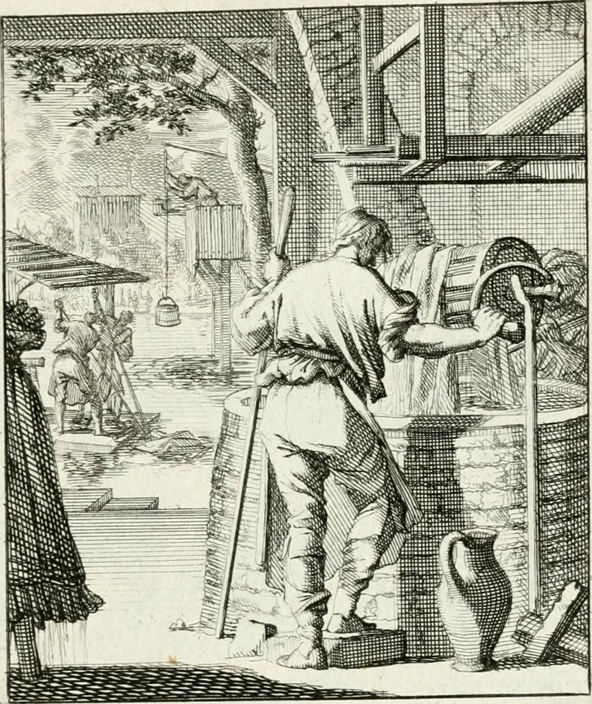 An illustration from Spiegel van 't menschelyk bedryf : vertonende hondert-verscheyde ambagten zeer konstig afgebeeld en met zeer zinryke spreuken en stigtelyke versen verrykt, 1694, leaf 44