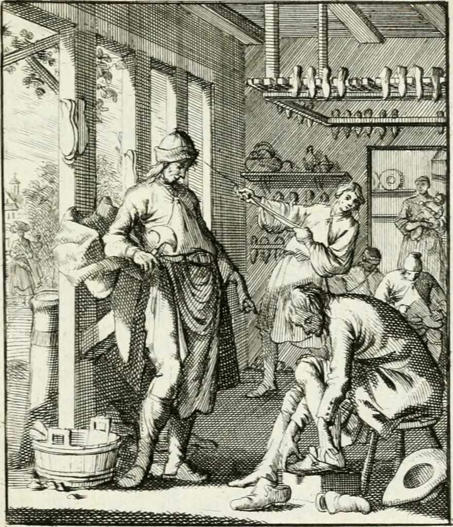An illustration from Spiegel van 't menschelyk bedryf : vertonende hondert-verscheyde ambagten zeer konstig afgebeeld en met zeer zinryke spreuken en stigtelyke versen verrykt, 1694, leaf 46