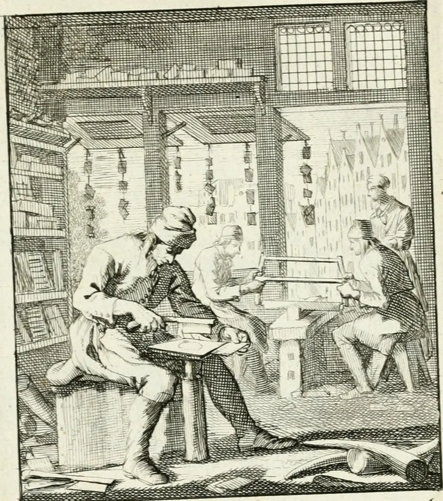 An illustration from Spiegel van 't menschelyk bedryf : vertonende hondert-verscheyde ambagten zeer konstig afgebeeld en met zeer zinryke spreuken en stigtelyke versen verrykt, 1694, leaf 48