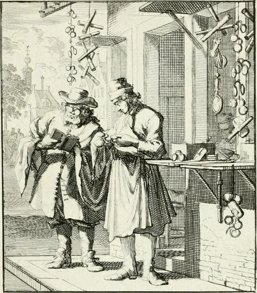 An illustration from Spiegel van 't menschelyk bedryf : vertonende hondert-verscheyde ambagten zeer konstig afgebeeld en met zeer zinryke spreuken en stigtelyke versen verrykt, 1694, leaf 50