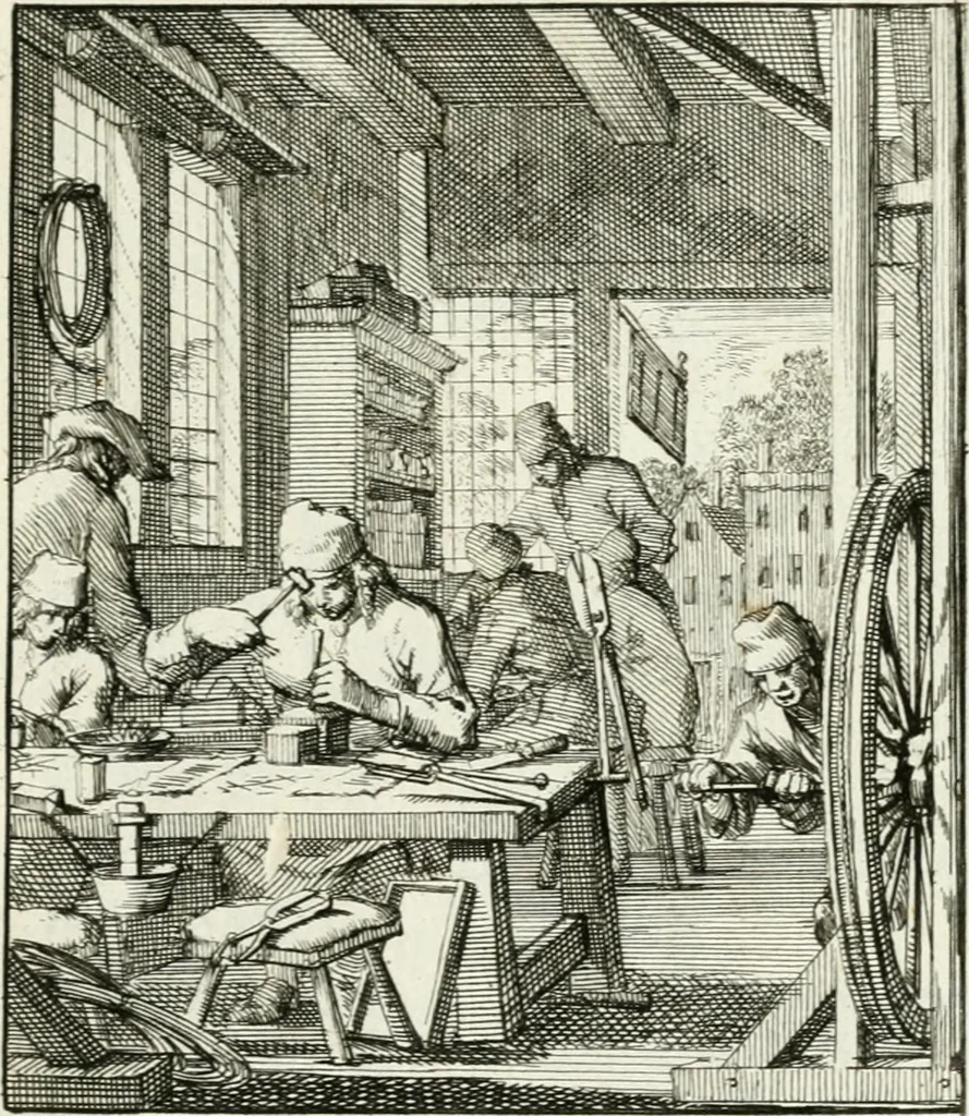 An illustration from Spiegel van 't menschelyk bedryf : vertonende hondert-verscheyde ambagten zeer konstig afgebeeld en met zeer zinryke spreuken en stigtelyke versen verrykt, 1694, leaf 52