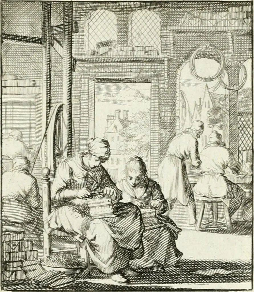 An illustration from Spiegel van 't menschelyk bedryf : vertonende hondert-verscheyde ambagten zeer konstig afgebeeld en met zeer zinryke spreuken en stigtelyke versen verrykt, 1694, leaf 54