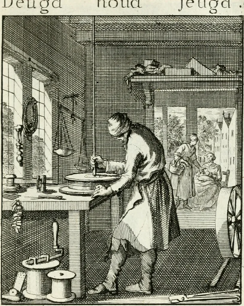 An illustration from Spiegel van 't menschelyk bedryf : vertonende hondert-verscheyde ambagten zeer konstig afgebeeld en met zeer zinryke spreuken en stigtelyke versen verrykt, 1694, leaf 56