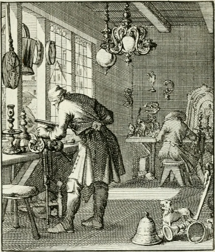An illustration from Spiegel van 't menschelyk bedryf : vertonende hondert-verscheyde ambagten zeer konstig afgebeeld en met zeer zinryke spreuken en stigtelyke versen verrykt, 1694, leaf 58