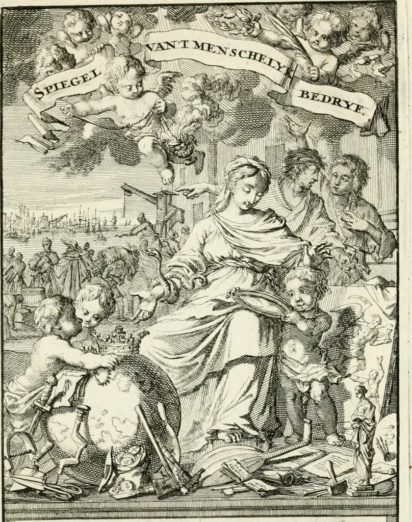 An illustration from Spiegel van 't menschelyk bedryf : vertonende hondert-verscheyde ambagten zeer konstig afgebeeld en met zeer zinryke spreuken en stigtelyke versen verrykt, 1694, leaf 6