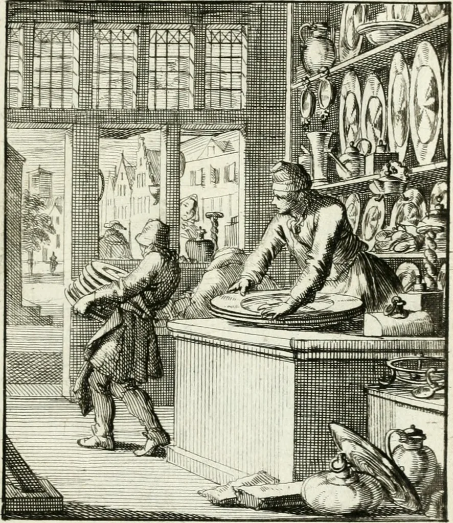 An illustration from Spiegel van 't menschelyk bedryf : vertonende hondert-verscheyde ambagten zeer konstig afgebeeld en met zeer zinryke spreuken en stigtelyke versen verrykt, 1694, leaf 60