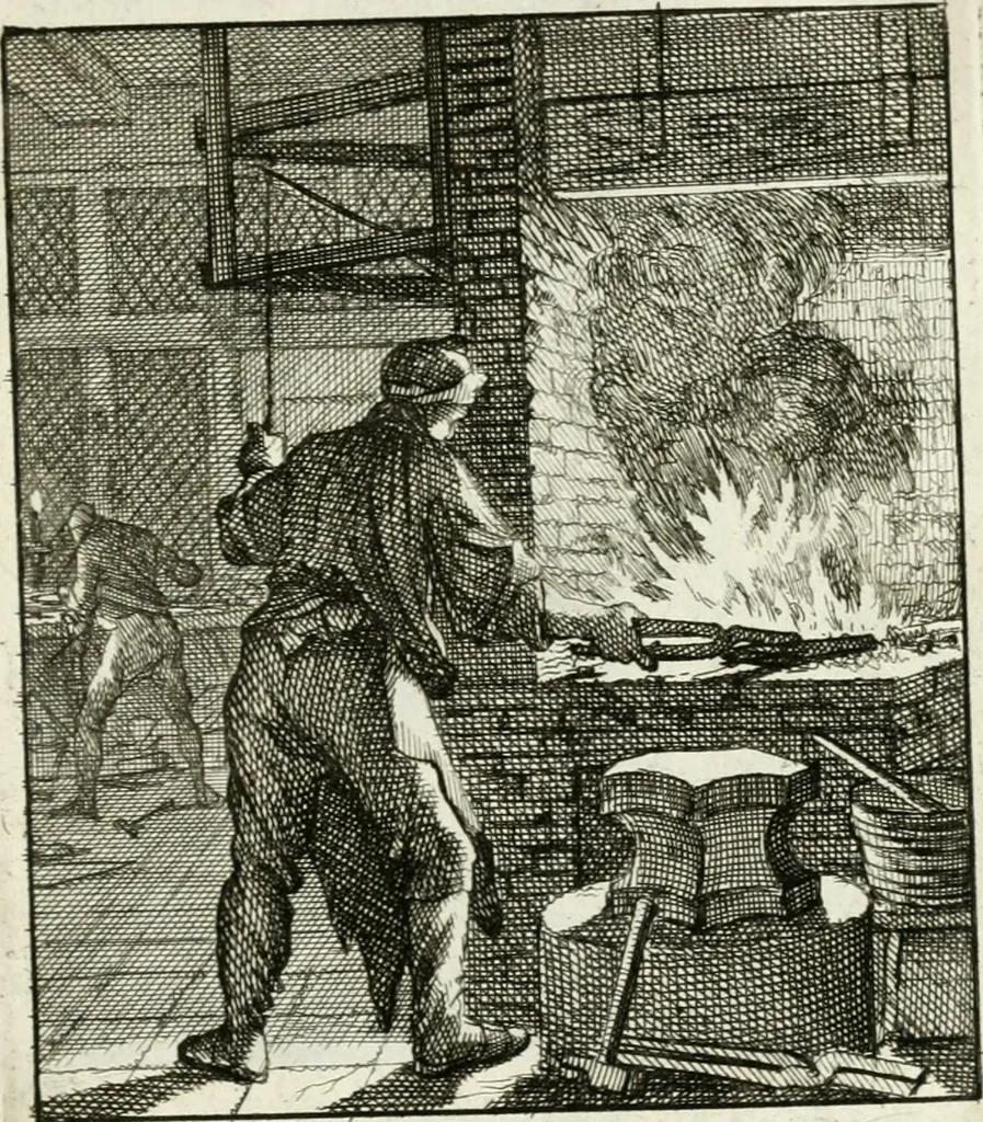 An illustration from Spiegel van 't menschelyk bedryf : vertonende hondert-verscheyde ambagten zeer konstig afgebeeld en met zeer zinryke spreuken en stigtelyke versen verrykt, 1694, leaf 64