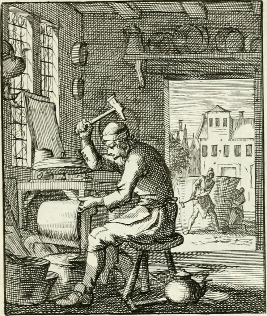 An illustration from Spiegel van 't menschelyk bedryf : vertonende hondert-verscheyde ambagten zeer konstig afgebeeld en met zeer zinryke spreuken en stigtelyke versen verrykt, 1694, leaf 66