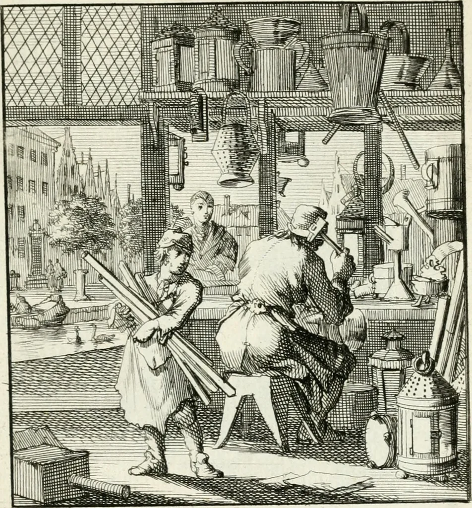 An illustration from Spiegel van 't menschelyk bedryf : vertonende hondert-verscheyde ambagten zeer konstig afgebeeld en met zeer zinryke spreuken en stigtelyke versen verrykt, 1694, leaf 68