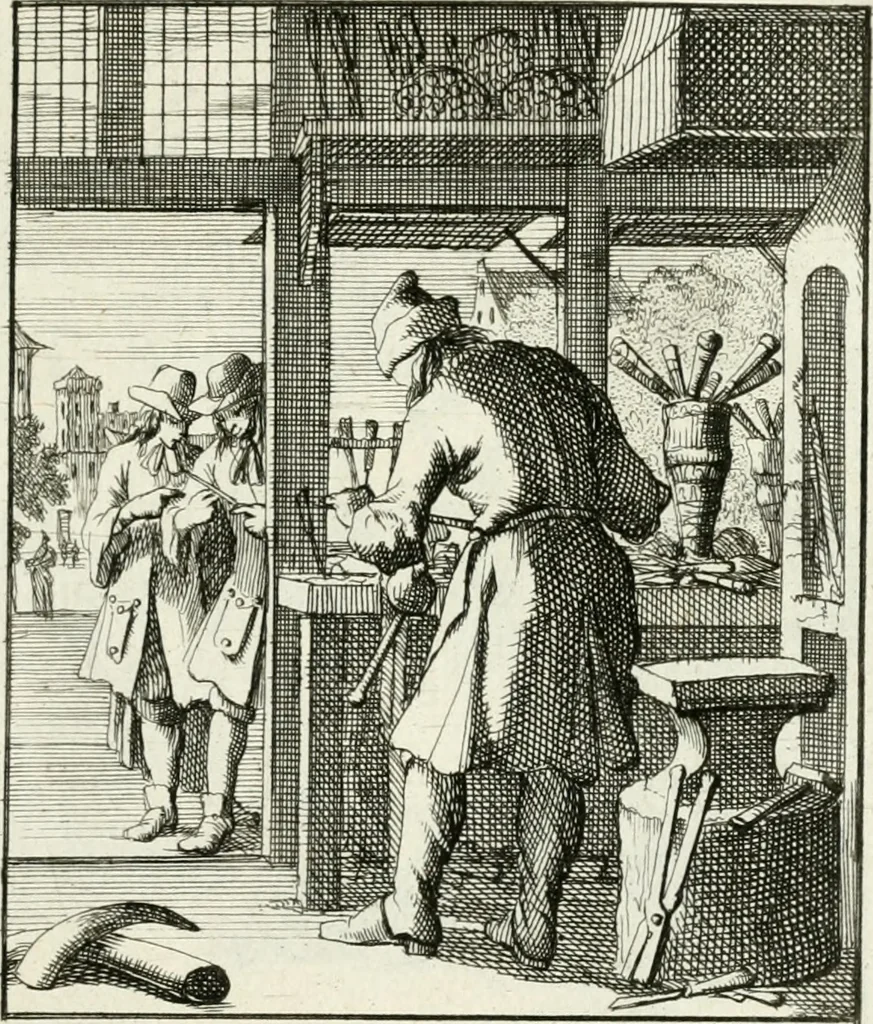 An illustration from Spiegel van 't menschelyk bedryf : vertonende hondert-verscheyde ambagten zeer konstig afgebeeld en met zeer zinryke spreuken en stigtelyke versen verrykt, 1694, leaf 70