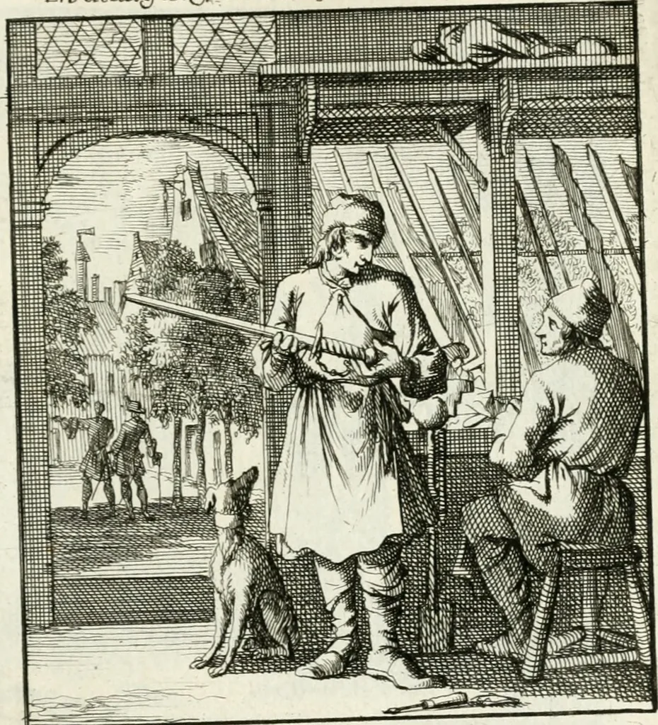 An illustration from Spiegel van 't menschelyk bedryf : vertonende hondert-verscheyde ambagten zeer konstig afgebeeld en met zeer zinryke spreuken en stigtelyke versen verrykt, 1694, leaf 72