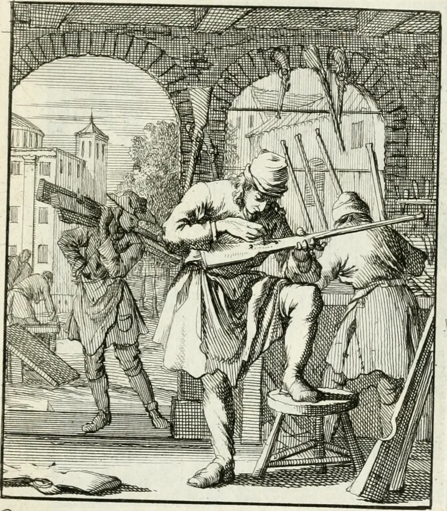 An illustration from Spiegel van 't menschelyk bedryf : vertonende hondert-verscheyde ambagten zeer konstig afgebeeld en met zeer zinryke spreuken en stigtelyke versen verrykt, 1694, leaf 74