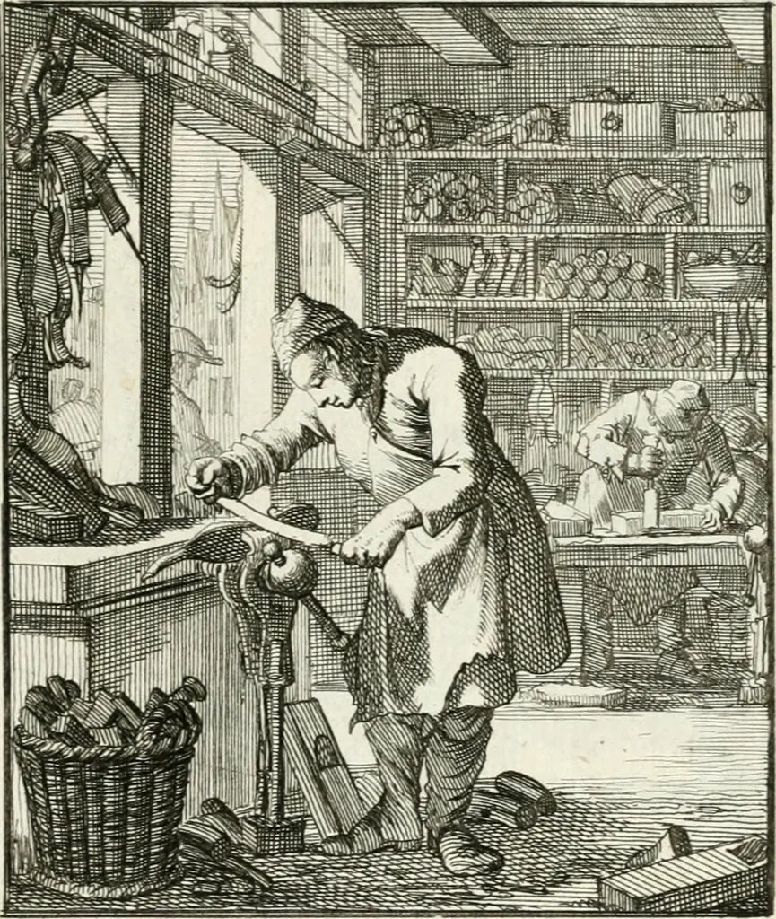 An illustration from Spiegel van 't menschelyk bedryf : vertonende hondert-verscheyde ambagten zeer konstig afgebeeld en met zeer zinryke spreuken en stigtelyke versen verrykt, 1694, leaf 76