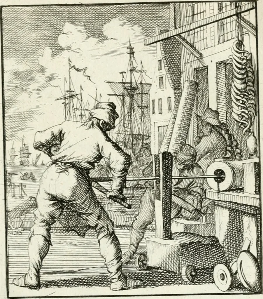 An illustration from Spiegel van 't menschelyk bedryf : vertonende hondert-verscheyde ambagten zeer konstig afgebeeld en met zeer zinryke spreuken en stigtelyke versen verrykt, 1694, leaf 80