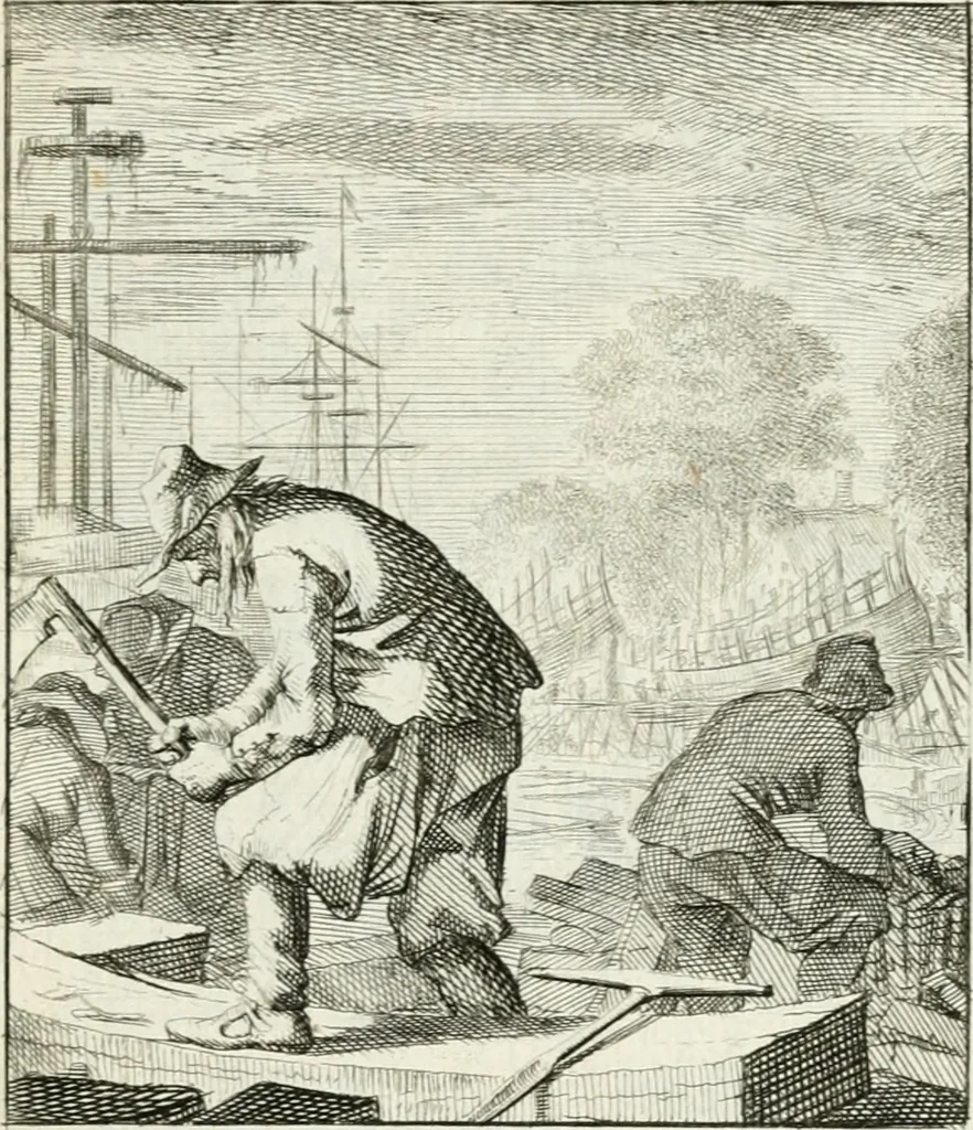 An illustration from Spiegel van 't menschelyk bedryf : vertonende hondert-verscheyde ambagten zeer konstig afgebeeld en met zeer zinryke spreuken en stigtelyke versen verrykt, 1694, leaf 82