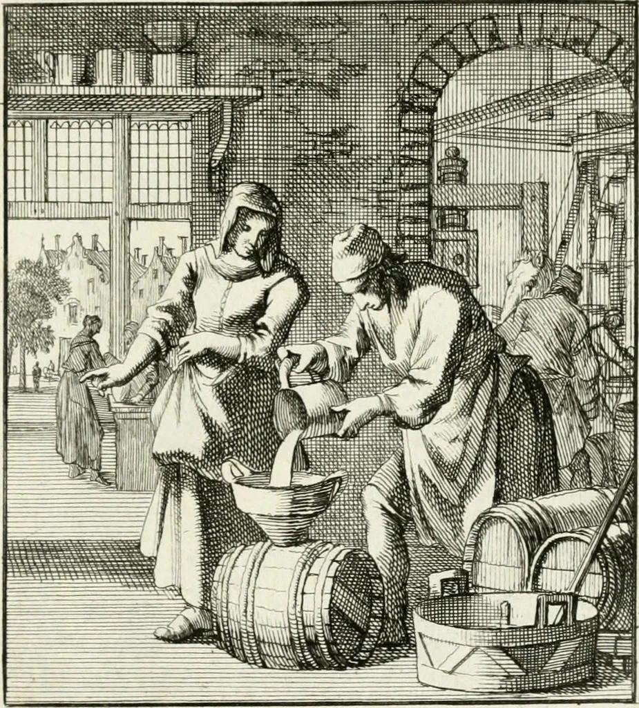 An illustration from Spiegel van 't menschelyk bedryf : vertonende hondert-verscheyde ambagten zeer konstig afgebeeld en met zeer zinryke spreuken en stigtelyke versen verrykt, 1694, leaf 90
