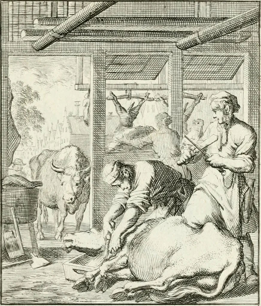 An illustration from Spiegel van 't menschelyk bedryf : vertonende hondert-verscheyde ambagten zeer konstig afgebeeld en met zeer zinryke spreuken en stigtelyke versen verrykt, 1694, leaf 94