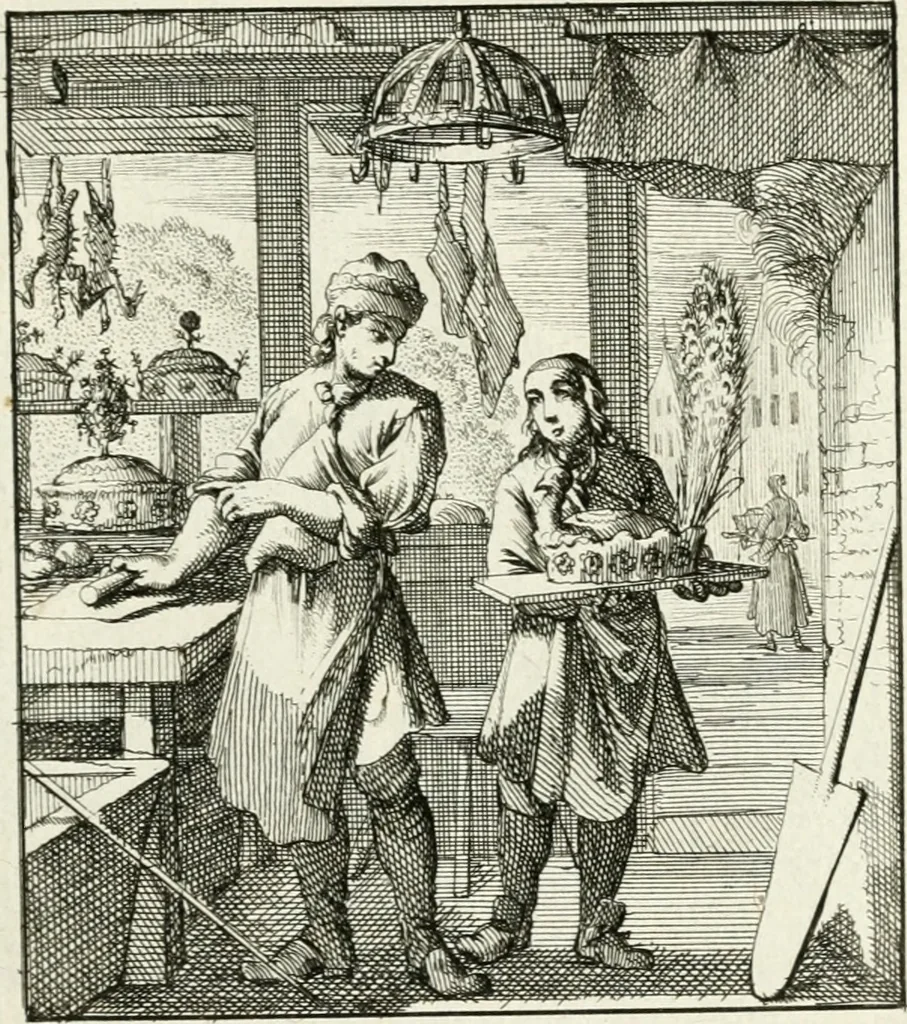 An illustration from Spiegel van 't menschelyk bedryf : vertonende hondert-verscheyde ambagten zeer konstig afgebeeld en met zeer zinryke spreuken en stigtelyke versen verrykt, 1694, leaf 96