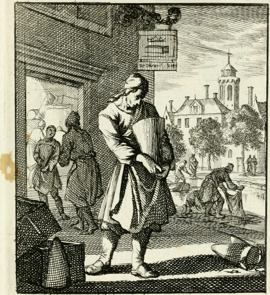 An illustration from Spiegel van 't menschelyk bedryf : vertonende hondert-verscheyde ambagten zeer konstig afgebeeld en met zeer zinryke spreuken en stigtelyke versen verrykt, 1694, leaf 98