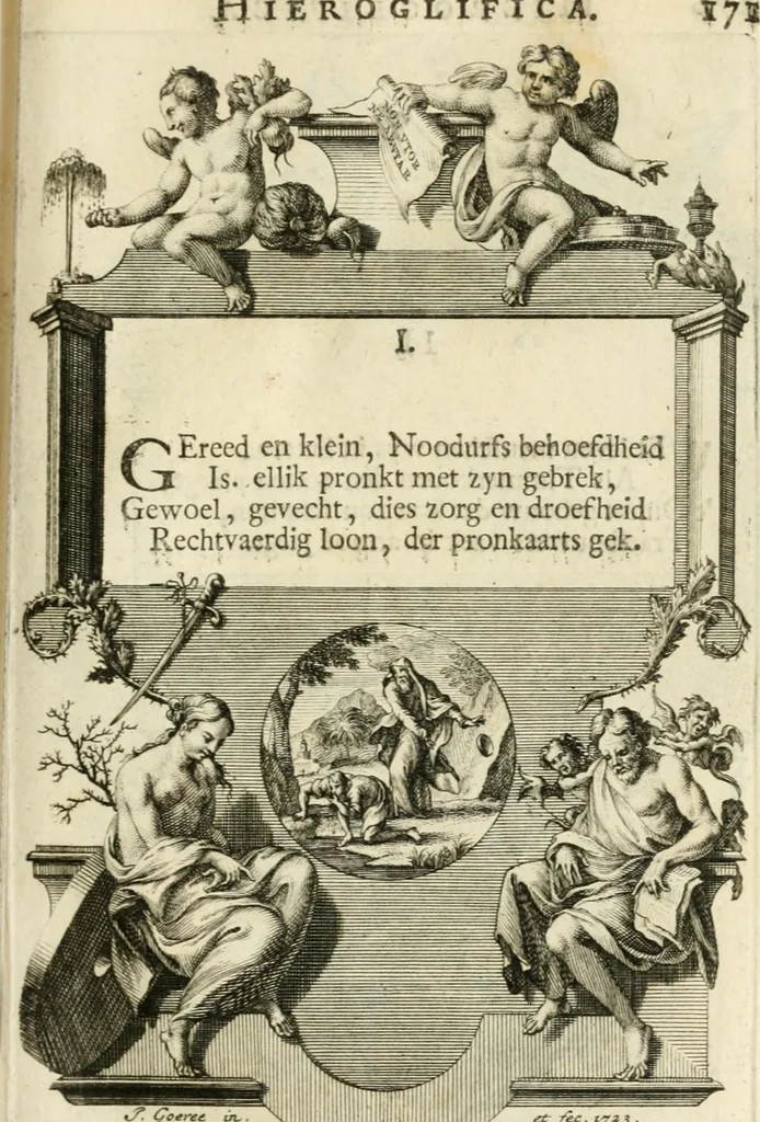An illustration from H.L. Spieghels Hertspeighel en andere zedeschriften : met verscheidene nooit gedrukte stukken verrijkt, en door aenteekeningen opgeheldert, 1723, leaf 260