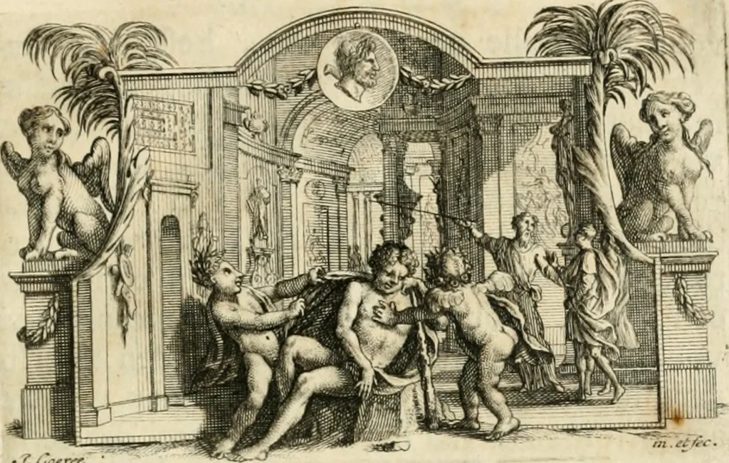 An illustration from H.L. Spieghels Hertspeighel en andere zedeschriften : met verscheidene nooit gedrukte stukken verrijkt, en door aenteekeningen opgeheldert, 1723, leaf 414