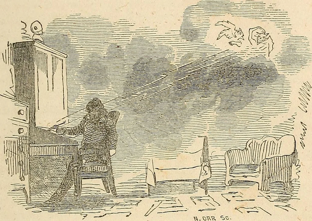 An illustration from Spirit rapping unveiled! : An exposé of the origin, history, theology and philosophy of certain alleged communications from the spirit world, by means of "spirit rapping," "medium writing," "physical demonstrations," etc. With illustrations., 1853, leaf 70