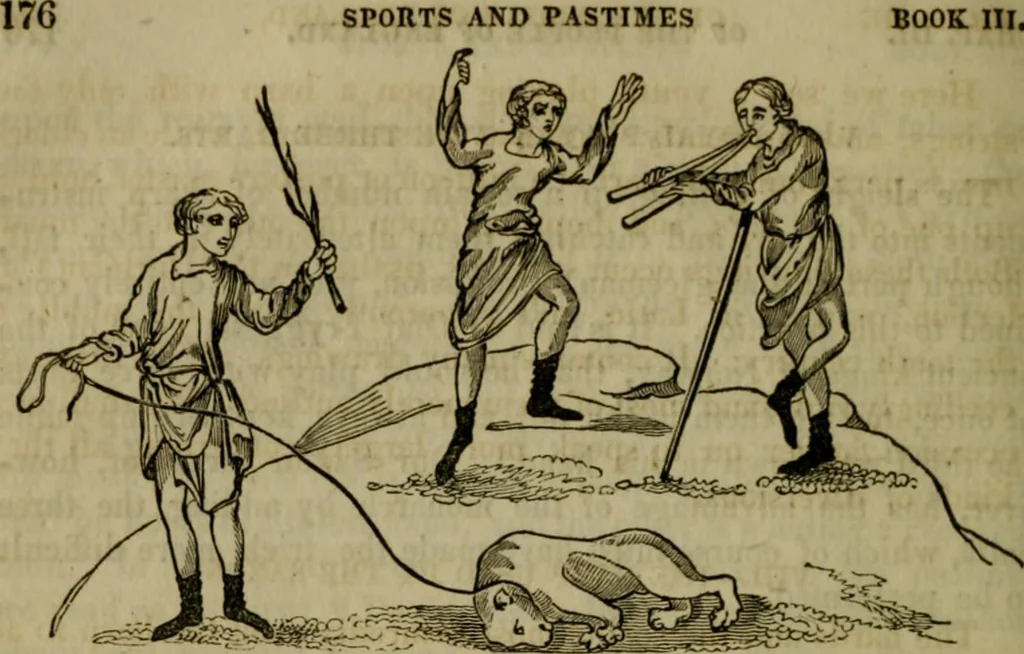 An illustration from The sports and pastimes of the people of England : including the rural and domestic recreations, May games, mummeries, shows, processions, pageants, and pompous spectacles, from the earliest period to the present time, 1830, leaf 247
