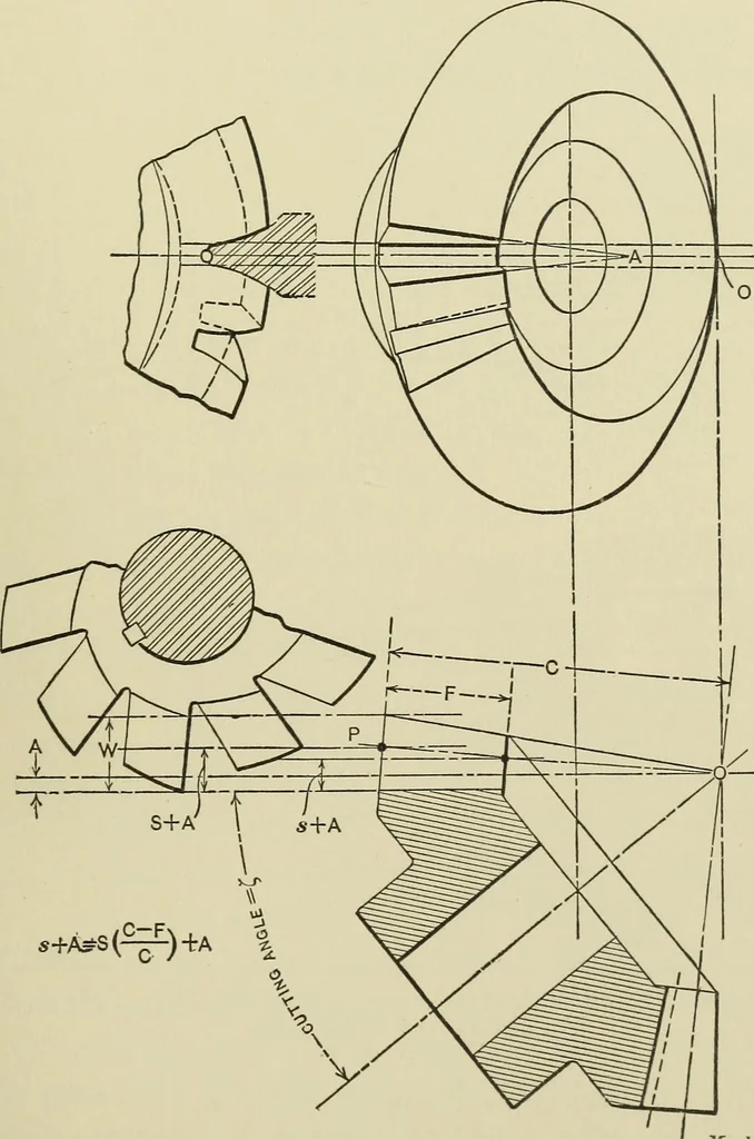 An illustration from Spur and bevel gearing; a treatise on the principles, dimensions, calculation, design and strength of spur and bevel gearing, together with chapters on special tooth forms and methods of cutting gear teeth, 1914, leaf 278