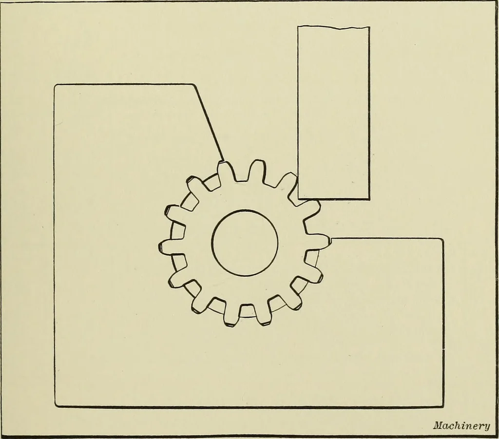 An illustration from Spur and bevel gearing; a treatise on the principles, dimensions, calculation, design and strength of spur and bevel gearing, together with chapters on special tooth forms and methods of cutting gear teeth, 1914, leaf 74