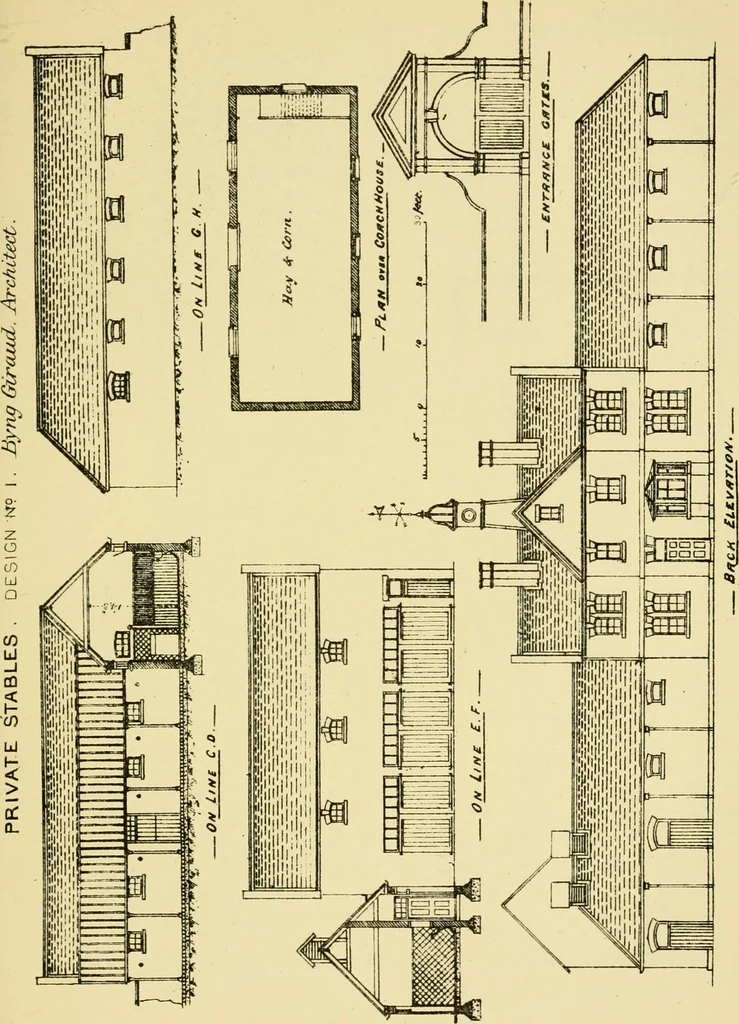 An illustration from Stable building and stable fitting : a handbook for the use of architects, builders, and horse owners, 1891, leaf 128