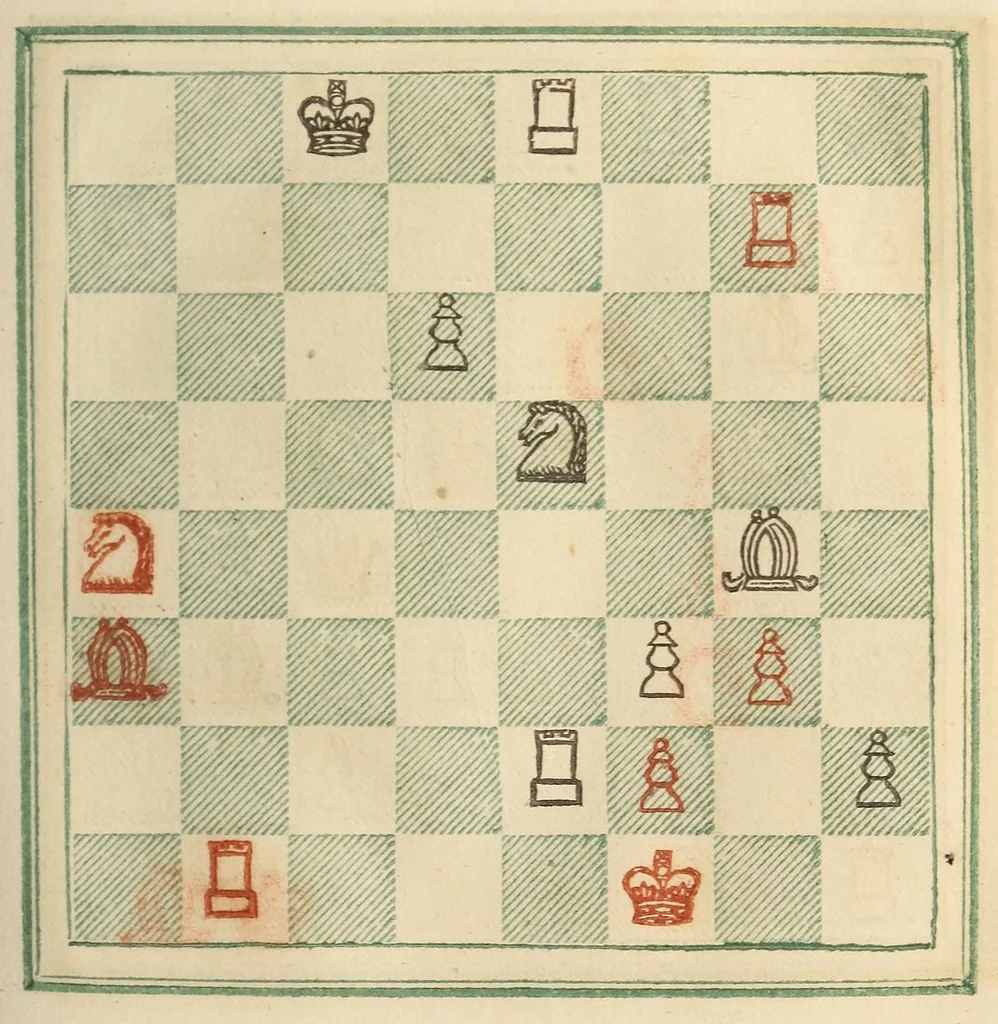 An illustration from Stamma on the game of chess; containing numerous openings of games, and one hundred critical situations, illustrated on colored diagrams, 1818, leaf 163
