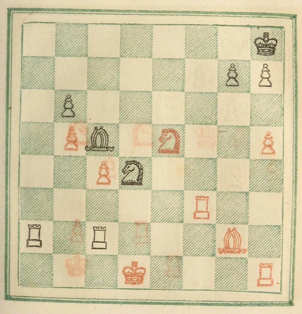 An illustration from Stamma on the game of chess; containing numerous openings of games, and one hundred critical situations, illustrated on colored diagrams, 1818, leaf 171