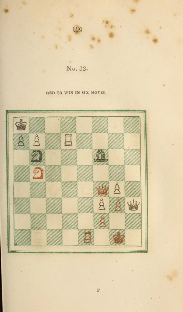 An illustration from Stamma on the game of chess; containing numerous openings of games, and one hundred critical situations, illustrated on colored diagrams, 1818, leaf 187