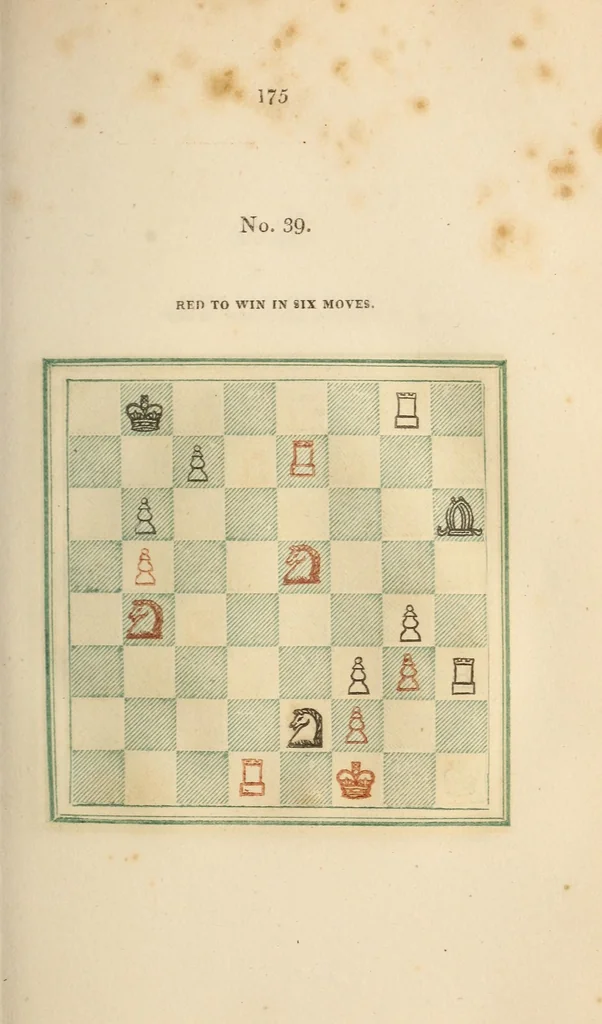 An illustration from Stamma on the game of chess; containing numerous openings of games, and one hundred critical situations, illustrated on colored diagrams, 1818, leaf 193