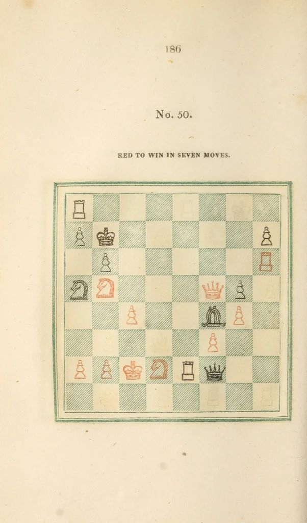 An illustration from Stamma on the game of chess; containing numerous openings of games, and one hundred critical situations, illustrated on colored diagrams, 1818, leaf 204