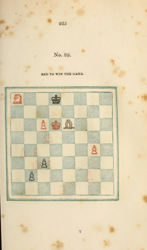 An illustration from Stamma on the game of chess; containing numerous openings of games, and one hundred critical situations, illustrated on colored diagrams, 1818, leaf 243