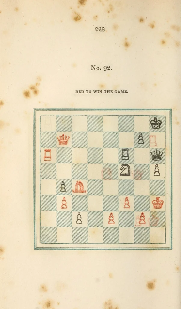 An illustration from Stamma on the game of chess; containing numerous openings of games, and one hundred critical situations, illustrated on colored diagrams, 1818, leaf 246